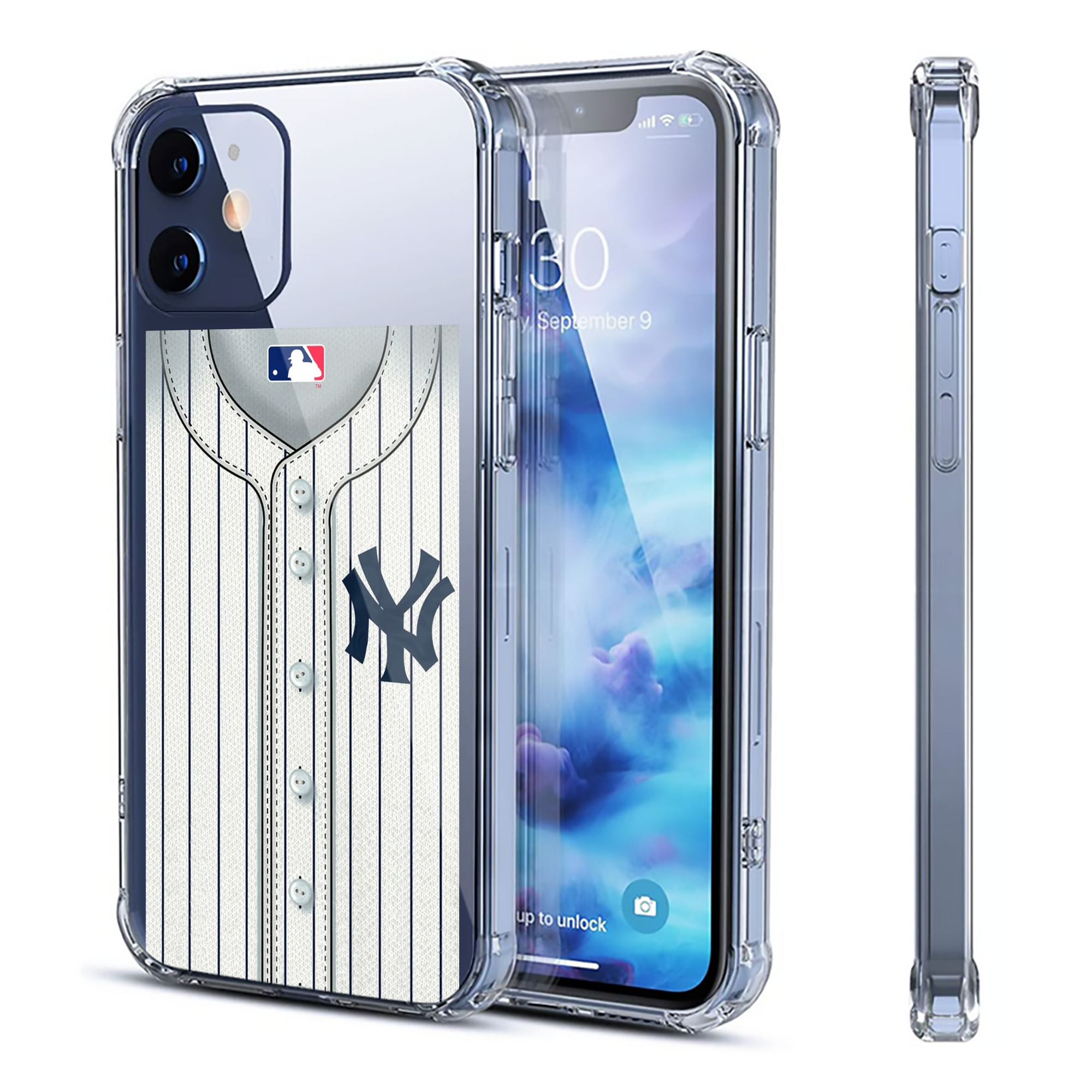 New York Yankees Pinstripe Jersey Background Clear IPhone 12 Case – Soft TPU With UV Print – Enhanced Drop Protection, Precise Fit, Anti-Fingerprint, Customizable Design, Scratch-Resistant, Yellow-Resistant
